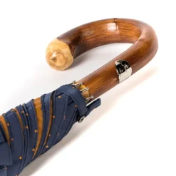 Blue Umbrella With Light Brown Dots And Handle Made Of Chestnut Wood