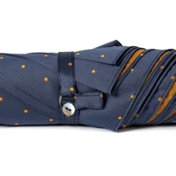 Blue Umbrella With Light Brown Dots And Handle Made Of Chestnut Wood