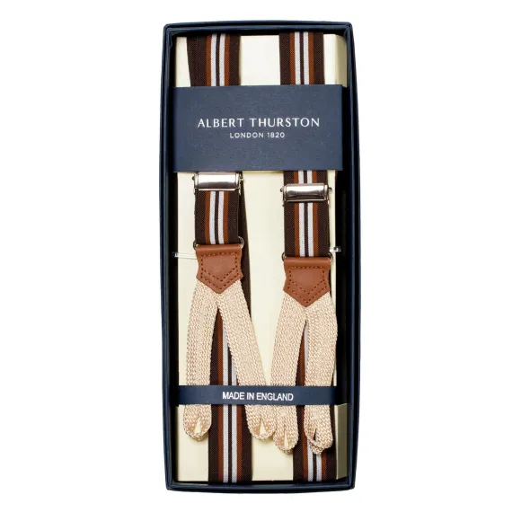 Brown Striped Elastic Suspenders To Button