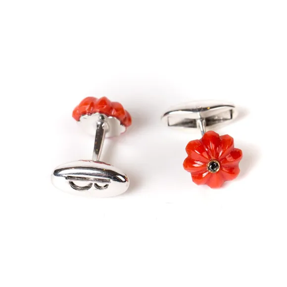 Cufflinks "Coral Flower Diamond" Made Of Sterling Silver - Purely Hand
