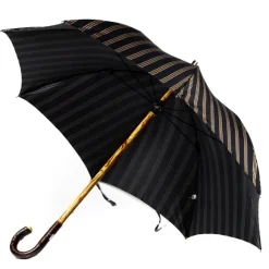 Dark Blue Striped Umbrella With Handle Made Of Walnut