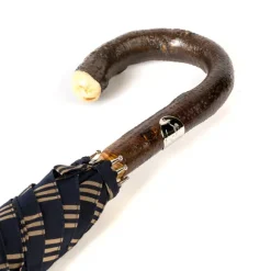 Dark Blue Striped Umbrella With Handle Made Of Walnut