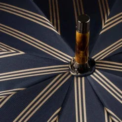 Dark Blue Striped Umbrella With Handle Made Of Walnut