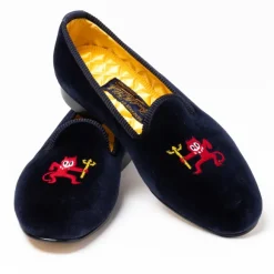 Dark Blue Velvet Loafers "Little Red Devil" With Leather Sole - Handma
