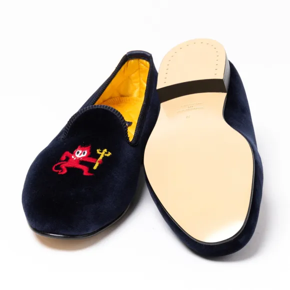 Dark Blue Velvet Loafers "Little Red Devil" With Leather Sole - Handma