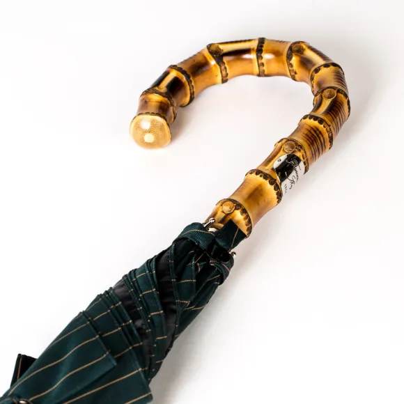 Dark Green Striped Umbrella "Traveler" With Bamboo Handle
