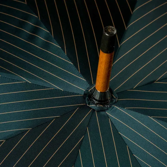 Dark Green Striped Umbrella "Traveler" With Bamboo Handle