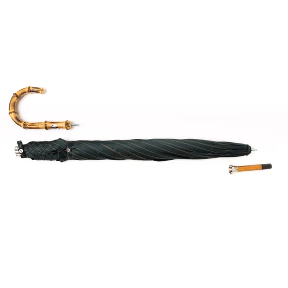 Dark Green Striped Umbrella "Traveler" With Bamboo Handle