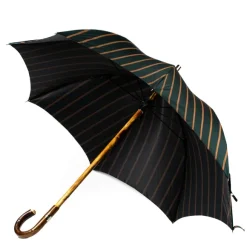 Dark Green Striped Umbrella With Handle Made Of Walnut