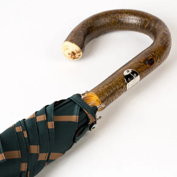 Dark Green Striped Umbrella With Handle Made Of Walnut