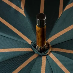 Dark Green Striped Umbrella With Handle Made Of Walnut