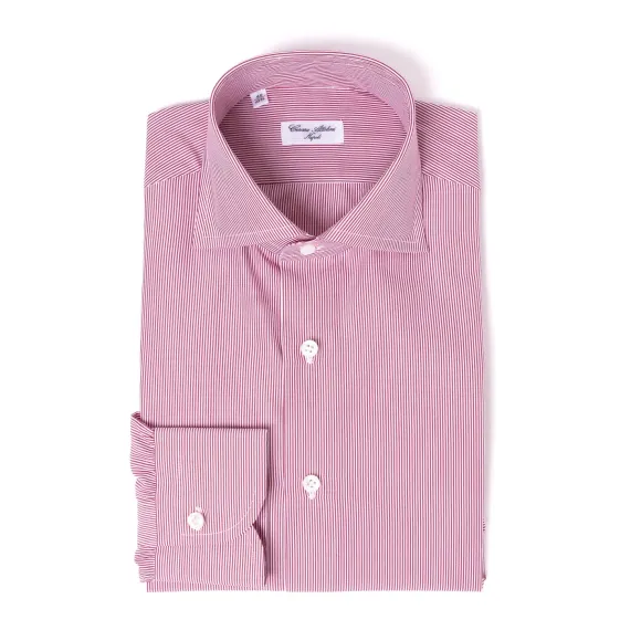Dark Red Striped Pure Cotton Shirt "Millerighe" From Carlo Riva - Coll