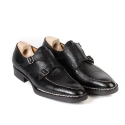 Double Monk "Apron" Made Of Black Scotch Brain Calfskin - Hand-Polished