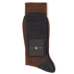 Flannel Gray And Rust Patterned Merino Wool "Pied De Poule" Knee Sock
