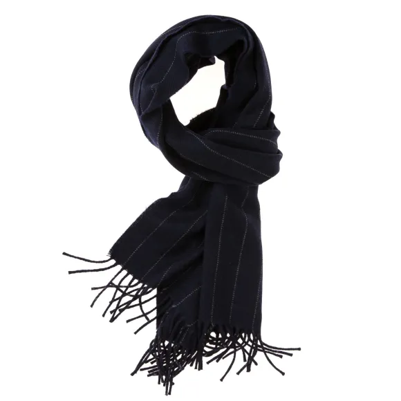 Fox Brothers X Mj: Dark Blue Scarf "Fox Pin-Stripe" Made Of Cashmere A