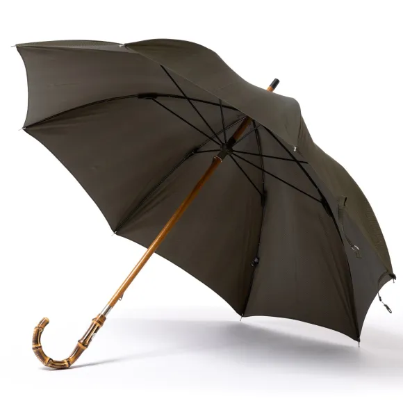 Green Umbrella "Traveller" With Handle Made Of Bamboo Wood