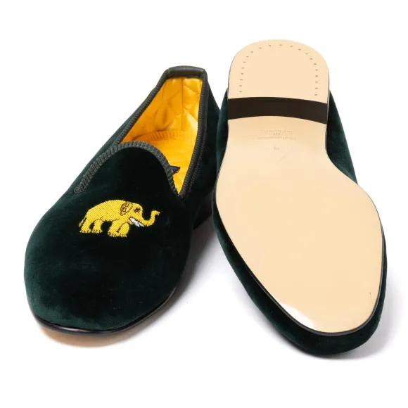 Green Velvet Slipper "Elephant" With Leather Sole - Handmade