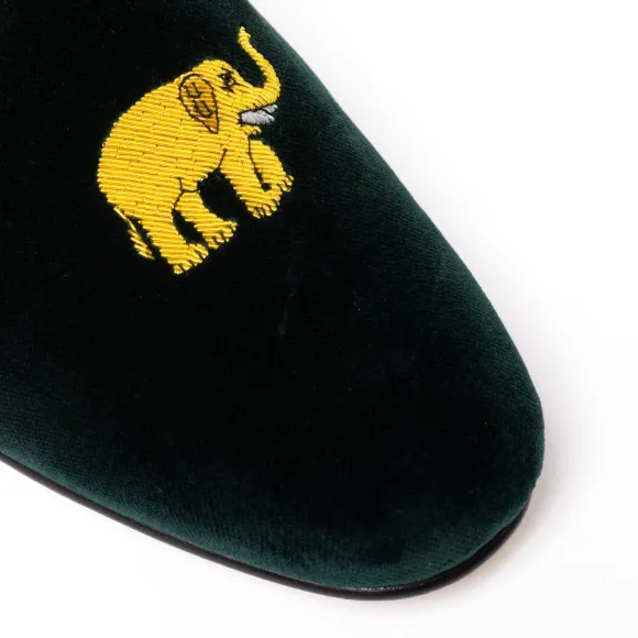 Green Velvet Slipper "Elephant" With Leather Sole - Handmade