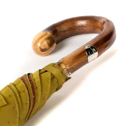 Light Green Umbrella With Light Pink Dots And Handle Made Of Chestnut Wood