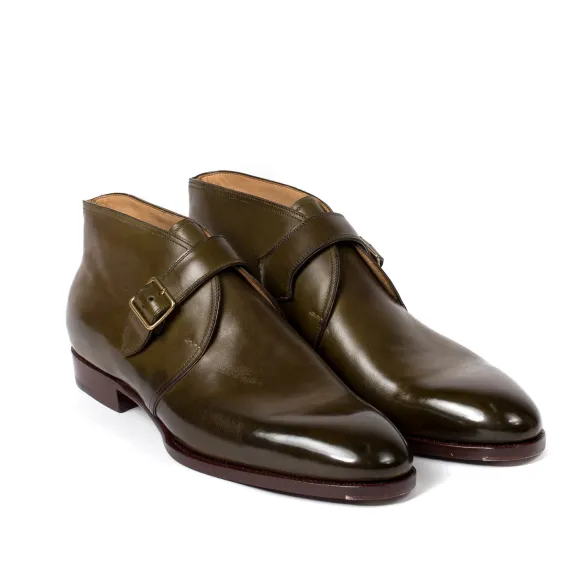 Monk-Bootee "Gilman" Made Of Olive Green Calfskin - Purely Handcrafted