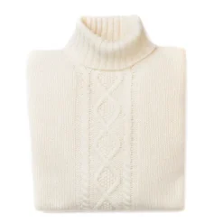 Natural White Turtleneck Sweater "Alain Aran-Cable" Made Of 6 Ply Lamb