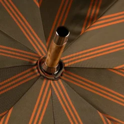 Olive-Colored Striped Umbrella With Wooden Handle