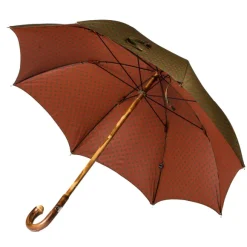 Olive-Green Umbrella With Rust-Red Dots And Handle Made Of Chestnut Wood