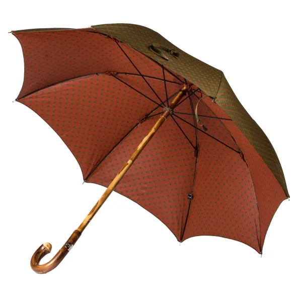 Olive-Green Umbrella With Rust-Red Dots And Handle Made Of Chestnut Wood