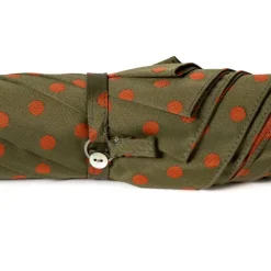 Olive-Green Umbrella With Rust-Red Dots And Handle Made Of Chestnut Wood