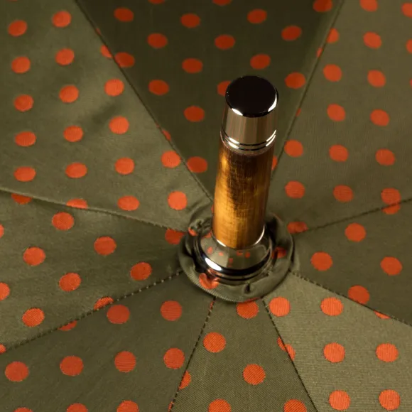Olive-Green Umbrella With Rust-Red Dots And Handle Made Of Chestnut Wood