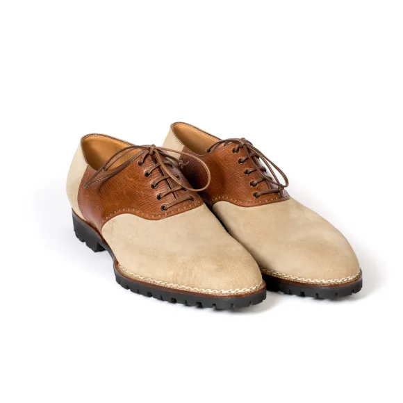 Sand-Colored "Saddle" Oxford Suede With Brown Saddle Made Of Calfskin "Russian Calf"