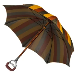 Sit-Down Umbrella Made Of Massive Wood And Fabric With Multicolored Stripes