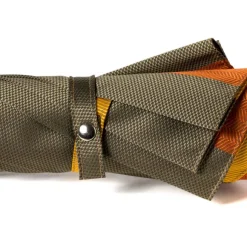 Sit-Down Umbrella Made Of Massive Wood And Fabric With Multicolored Stripes