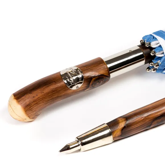Striped Sun Umbrella "Picknick" With Handle Made Of Chestnut Root