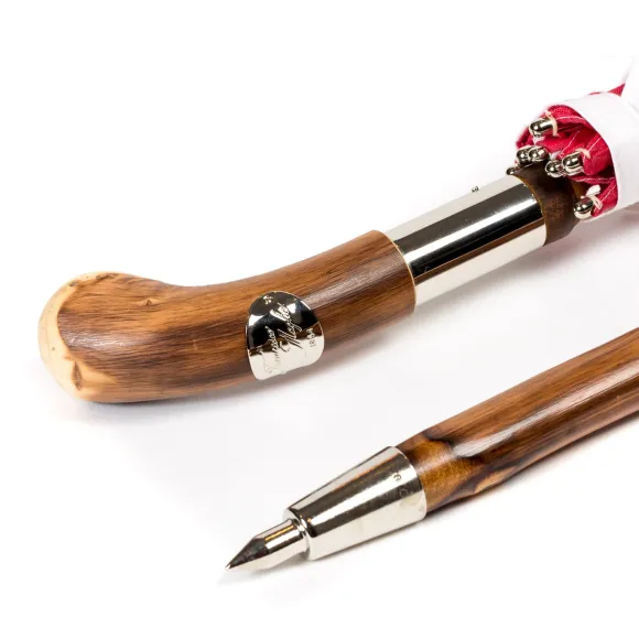 Striped Sun Umbrella "Picknick" With Handle Made Of Chestnut Root
