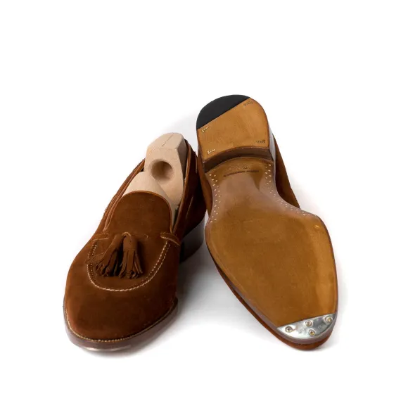 Tassel Loafer "Short Vamp" Made Of Cognac-Colored Suede - Purely Handc